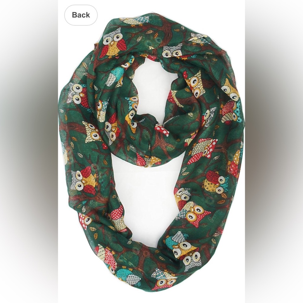 Vivian & Vincent Infinity Scarf Graphic Owl Print Multicolored Green 33” x 19.5”